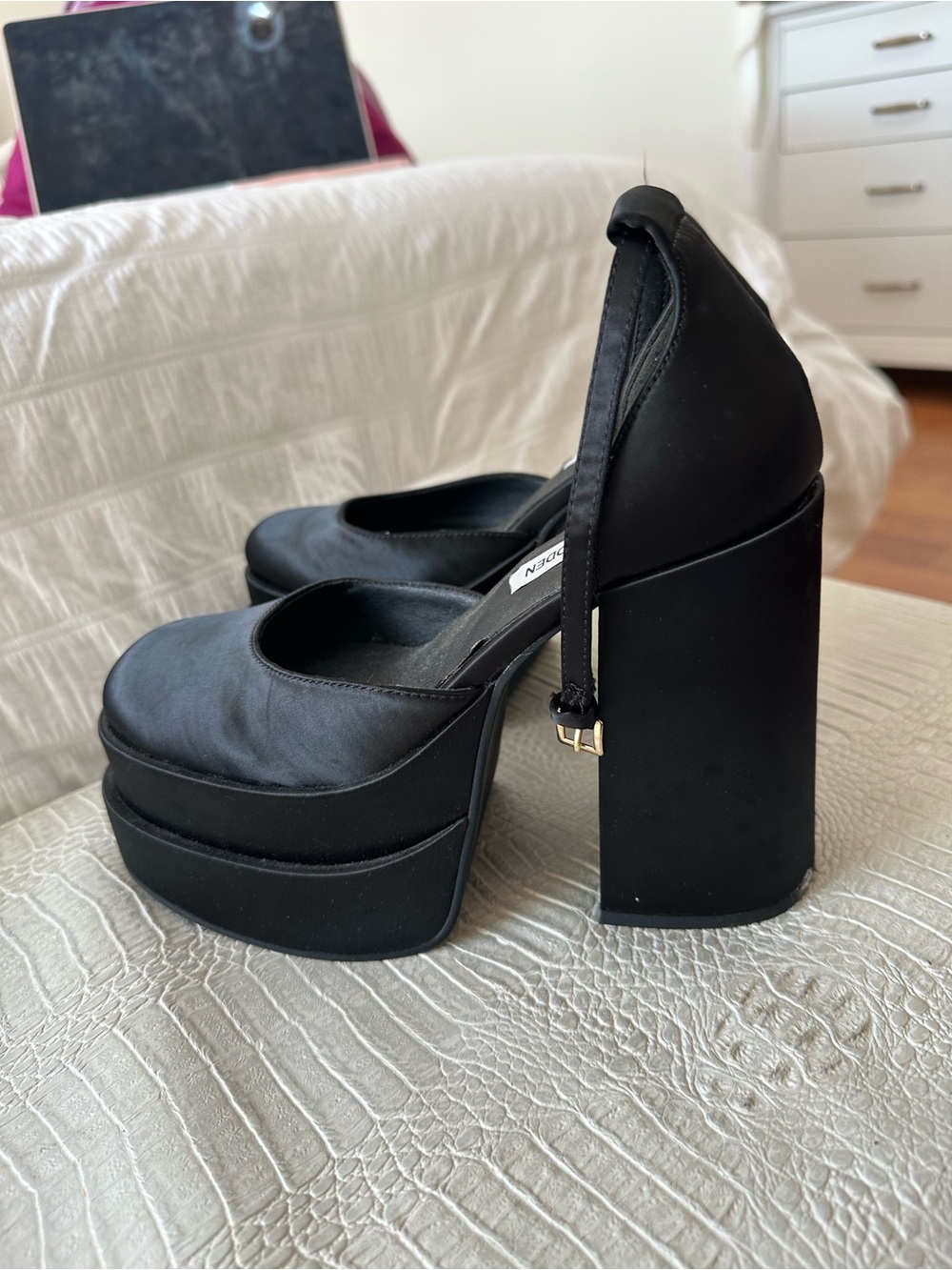 Steve Madden Black Satin Platform Mary Jane Heels